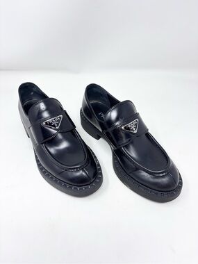 Prada Chocolate Brushed Leather Loafer Black Leather Triangle Logo size 38.5 EU